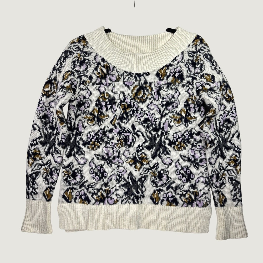 LOFT Sweater Women XS Ivory Purple Floral Jacquard Wool‎ Mohair Blend Excellent
